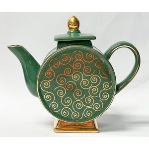 Asian Green Tea Pot With Gold Swirl Decorative Accents & Base Glossy Finish